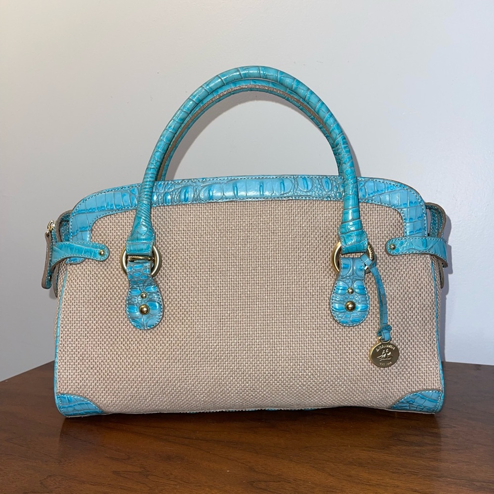 Brahmin Turquoise Trim Canvas Satchel